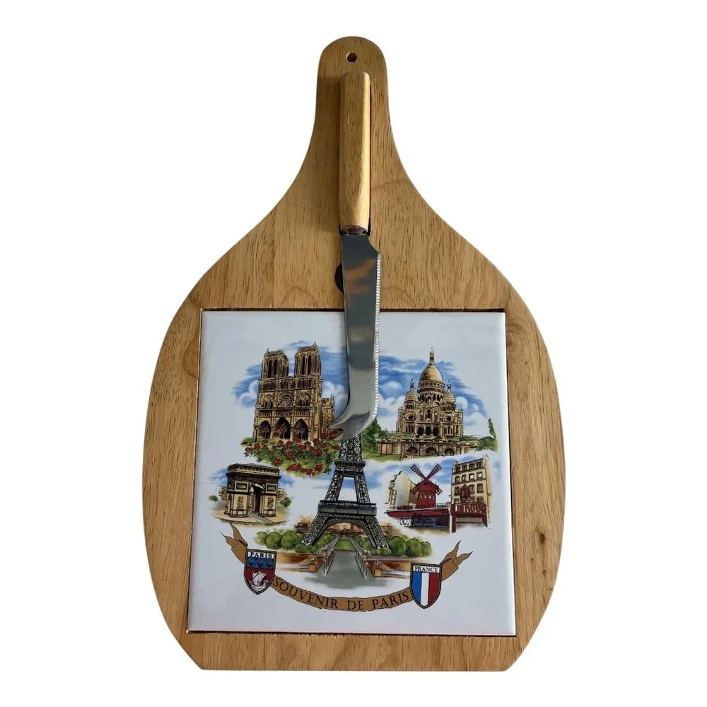 Vintage Paris Souvenir Cheese Board with Knife – Wood & Ceramic Tile, Eiffel Tow
